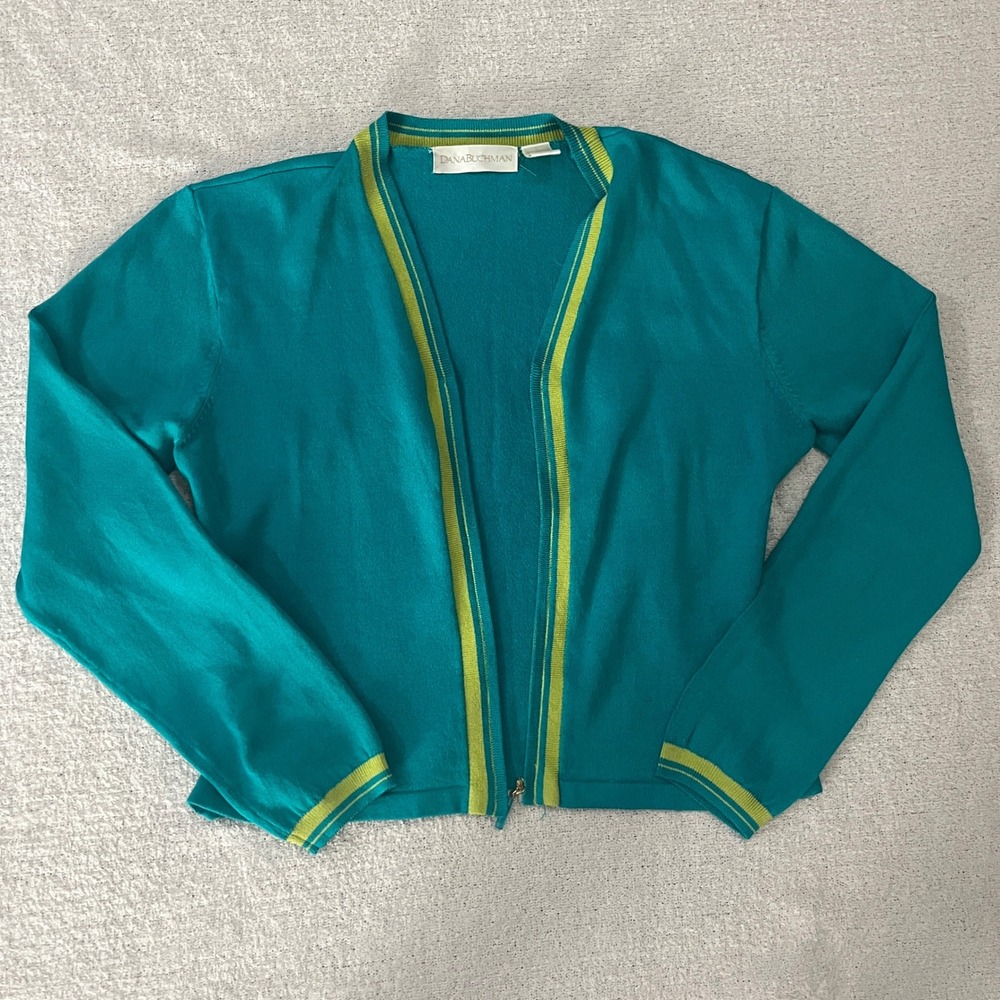 Dana Buchman Teal Cardigan Sweater Zip Front Striped Trim‎ Cotton Blend L